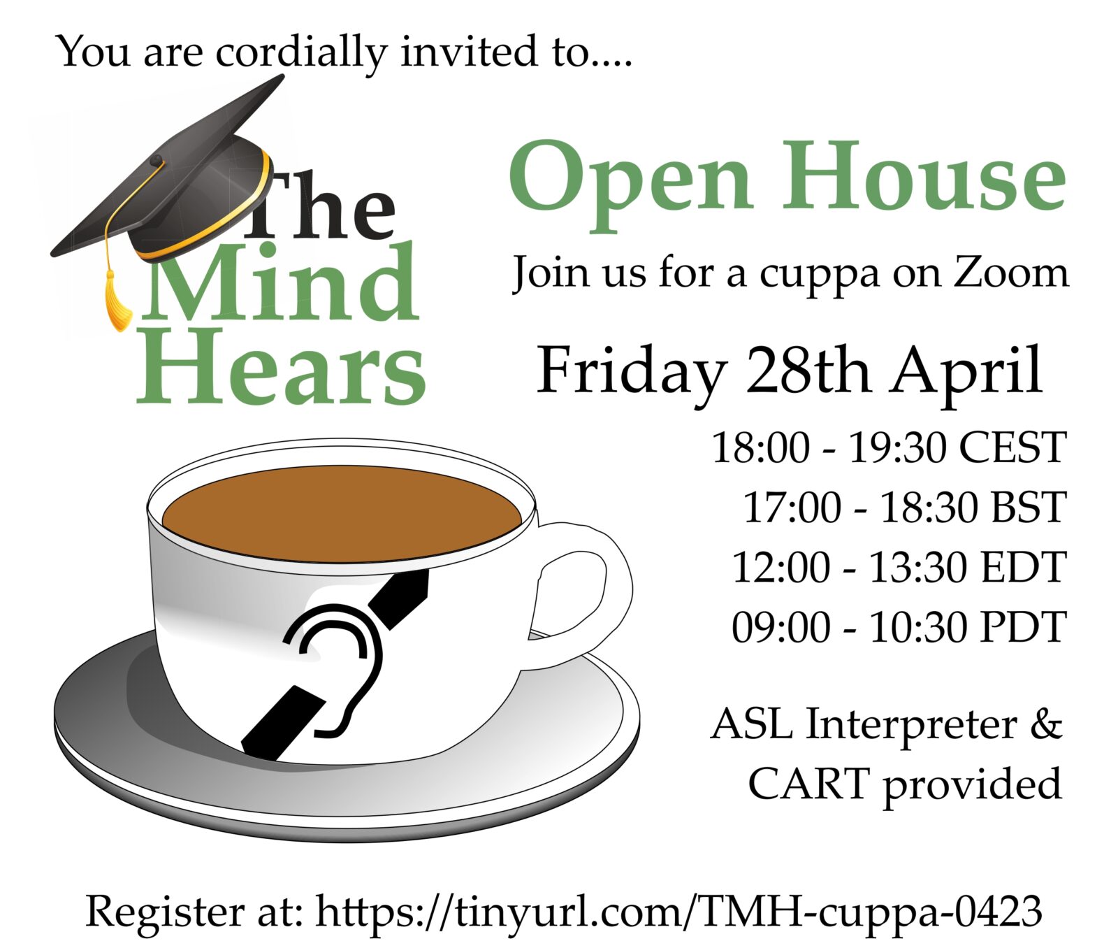 cartoon of a coffee cup with The Mind Hears logo. The text invites folks with details provided about the open house. These details (time) and registration link are also provided in the blog text.